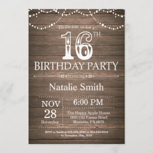 Rustic 16th Birthday Invitation String Lights Kaart