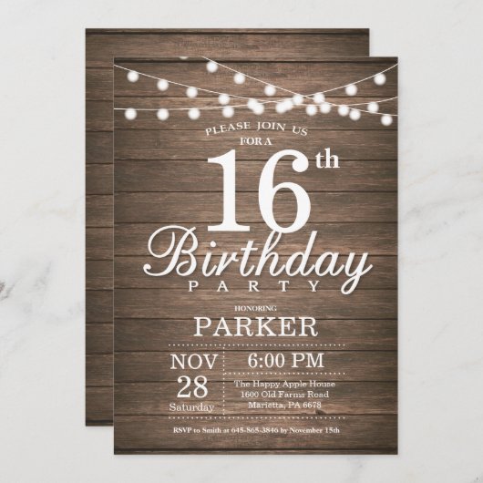 Rustic 16th Birthday Invitation String Lights Wood Kaart (Voorkant / Achterkant)