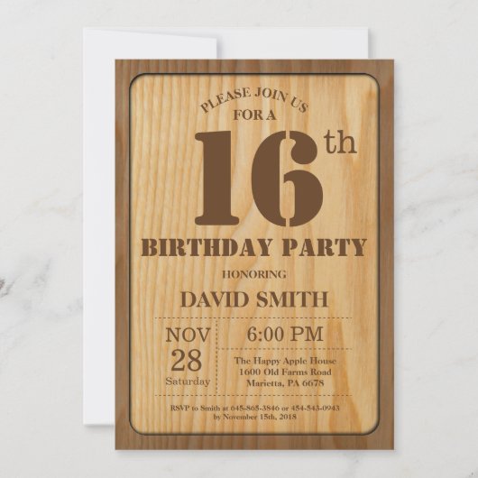 Rustic 16th Birthday Invitation Wood Kaart (Voorkant)