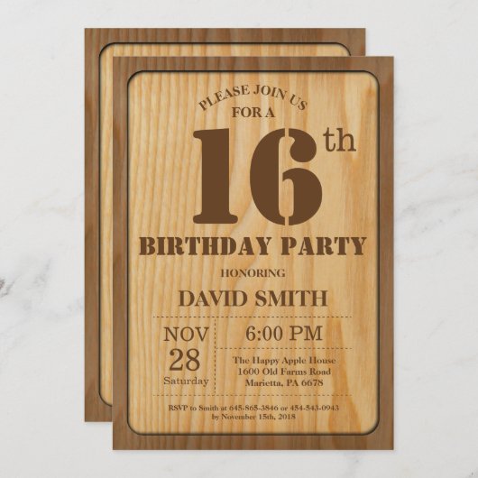 Rustic 16th Birthday Invitation  Wood Kaart (Voorkant / Achterkant)