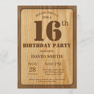 Rustic 16th Birthday Invitation  Wood Kaart