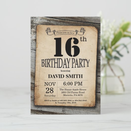 Rustic 16th Birthday Invitation Wood Kaart (Staand voorkant)
