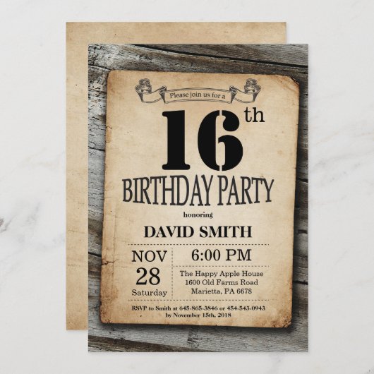 Rustic 16th Birthday Invitation  Wood Kaart (Voorkant / Achterkant)