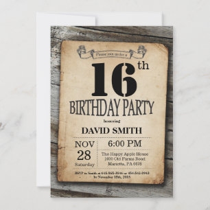 Rustic 16th Birthday Invitation  Wood Kaart