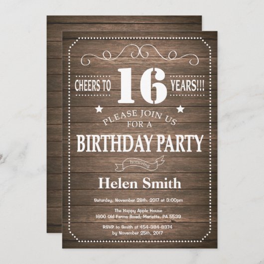 Rustic 16th Birthday Uitnodiging Retro (Voorkant / Achterkant)