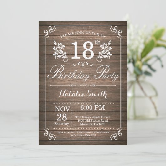 Rustic 18th Birthday Invitation Floral Kaart (Staand voorkant)