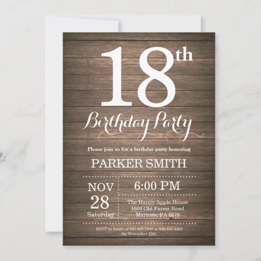 Rustic 18th Birthday Invitation Kaart (Voorkant)