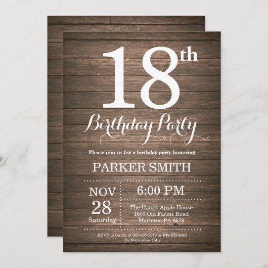 Rustic 18th Birthday Invitation Kaart (Voorkant / Achterkant)
