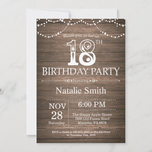 Rustic 18th Birthday Invitation String Lights Kaart (Voorkant)