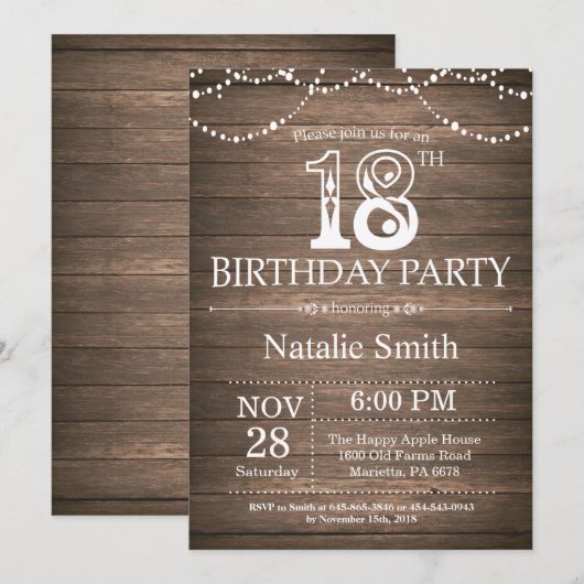 Rustic 18th Birthday Invitation String Lights Kaart (Voorkant / Achterkant)