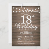 Rustic 18th Birthday Invitation String Lights Wood Kaart (Voorkant)