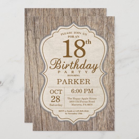 Rustic 18th Birthday Invitation Wood Kaart (Voorkant / Achterkant)
