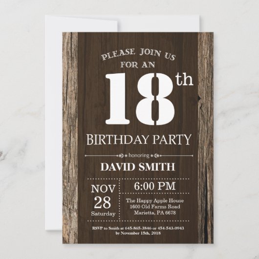Rustic 18th Birthday Invitation  Wood Kaart (Voorkant)