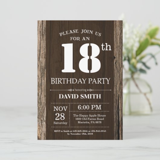Rustic 18th Birthday Invitation  Wood Kaart (Staand voorkant)