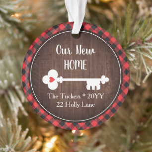 Rustic 1e kerstmis nieuw huis sleutel geruit foto ornament