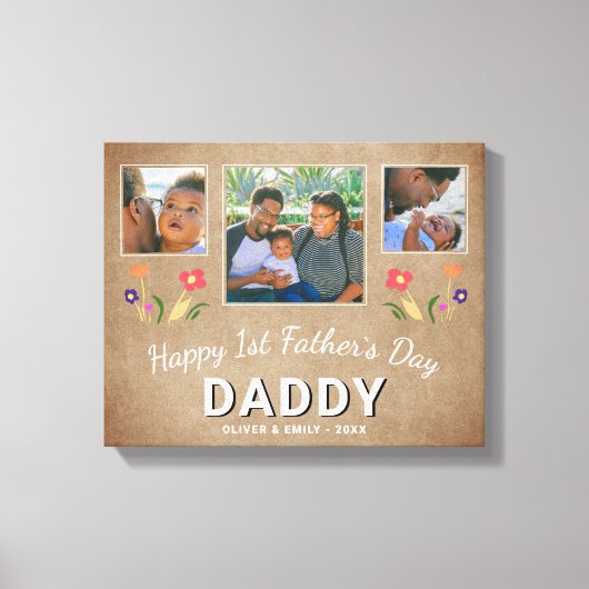 Rustic 1st Father's Day Dad Keepslag 3 Foto Canvas Afdruk (Voorkant)