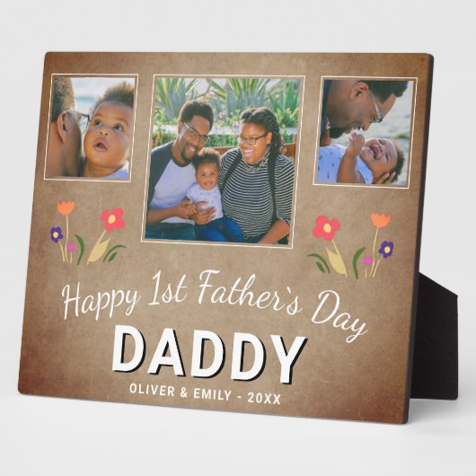 Rustic 1st Father's Day Dad Keepslag 3 Foto Fotoplaat (Zijkant)