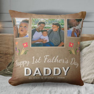 Rustic 1st Father's Day Dad Keepslag 3 Foto Kussen