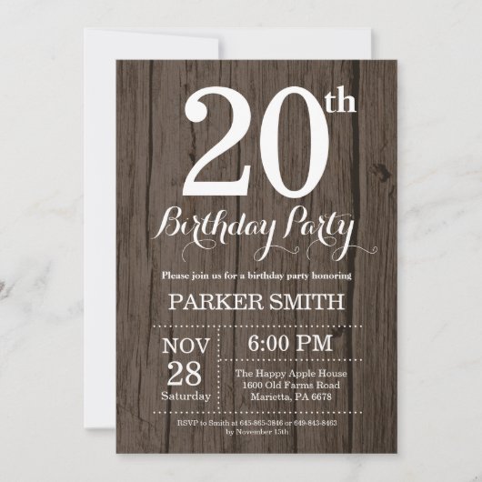 Rustic 20th Birthday Invitation Kaart (Voorkant)
