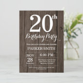 Rustic 20th Birthday Invitation Kaart (Staand voorkant)