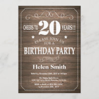 Rustic 20th Birthday Invitation  Retro