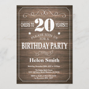 Rustic 20th Birthday Invitation  Retro Kaart