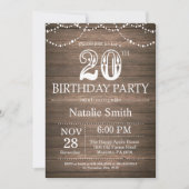 Rustic 20th Birthday Invitation String Lights Kaart (Voorkant)