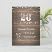 Rustic 20th Birthday Invitation String Lights Kaart (Staand voorkant)