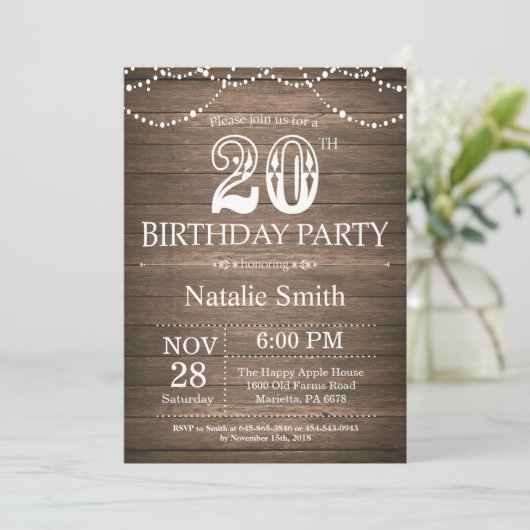 Rustic 20th Birthday Invitation String Lights Kaart (Staand voorkant)