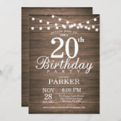 Rustic 20th Birthday Invitation String Lights Wood Kaart (Voorkant / Achterkant)