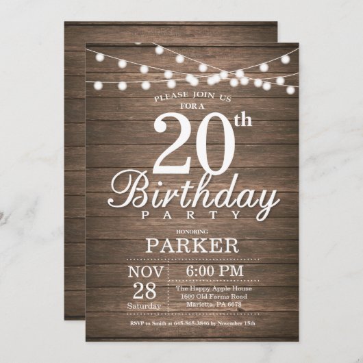 Rustic 20th Birthday Invitation String Lights Wood Kaart (Voorkant / Achterkant)