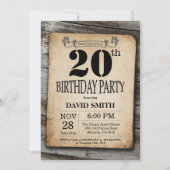 Rustic 20th Birthday Invitation  Wood Kaart (Voorkant)