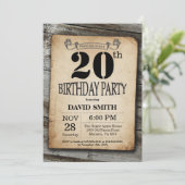 Rustic 20th Birthday Invitation  Wood Kaart (Staand voorkant)