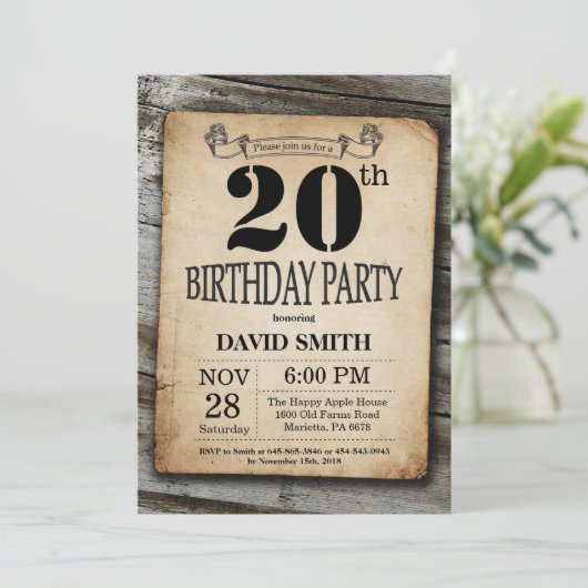 Rustic 20th Birthday Invitation  Wood Kaart (Staand voorkant)