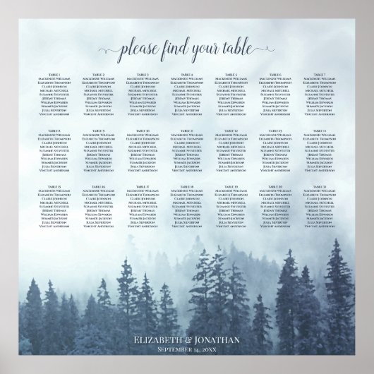 Rustic 21 Tabel Blue Pines Wedding Seating Chart Poster (Voorkant)