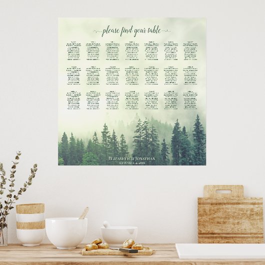 Rustic 21 Table Green Pines Wedding Seating Chart Poster (Keuken)