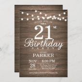 Rustic 21st Birthday Invitation String Lights Wood Kaart (Voorkant / Achterkant)