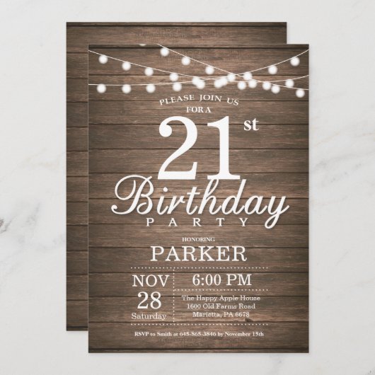 Rustic 21st Birthday Invitation String Lights Wood Kaart (Voorkant / Achterkant)
