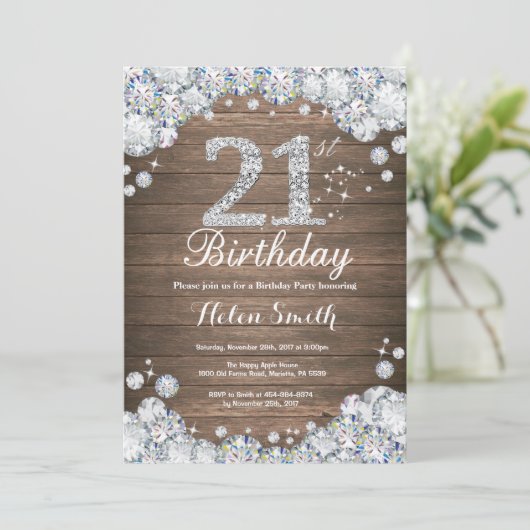 Rustic 21st Birthday Silver Diamond Kaart (Staand voorkant)