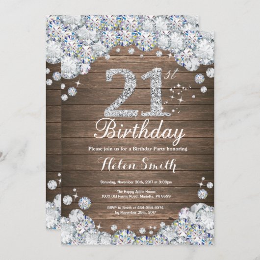 Rustic 21st Birthday Silver Diamond Kaart (Voorkant / Achterkant)