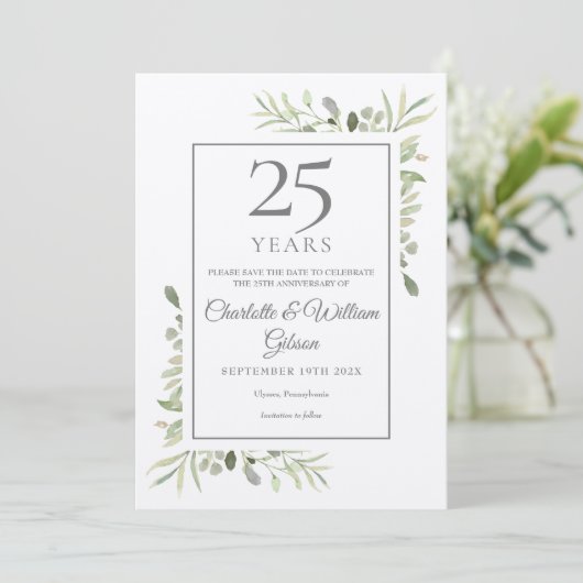 Rustic 25th Silver Wedding Jubileum Greenery Save The Date (Staand voorkant)