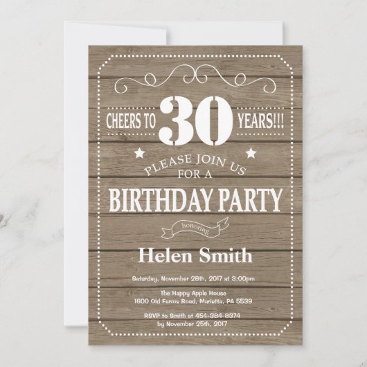 Rustic 30th Birthday Invitation Kaart (Voorkant)