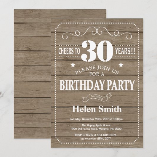 Rustic 30th Birthday Invitation Kaart (Voorkant / Achterkant)