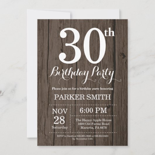 Rustic 30th Birthday Invitation Kaart (Voorkant)