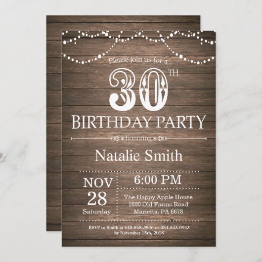 Rustic 30th Birthday Invitation String Lights Kaart (Voorkant / Achterkant)