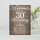 Rustic 30th Birthday Invitation String Lights Wood Kaart (Staand voorkant)