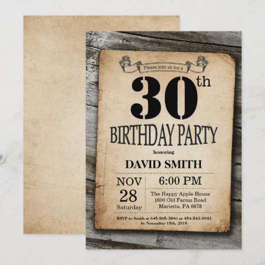 Rustic 30th Birthday Invitation  Wood Kaart (Voorkant / Achterkant)