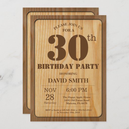 Rustic 30th Birthday Invitation  Wood Kaart (Voorkant / Achterkant)