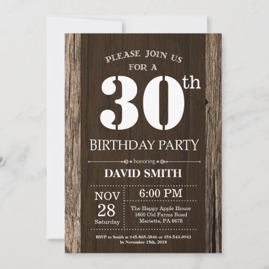Rustic 30th Birthday Invitation  Wood Kaart (Voorkant)
