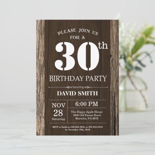 Rustic 30th Birthday Invitation  Wood Kaart (Staand voorkant)